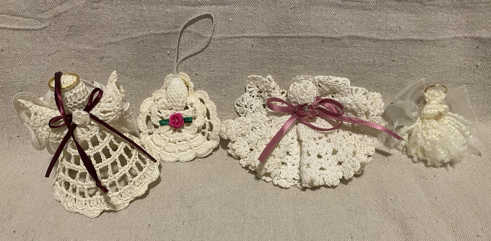 Vintage Set of 4 Handmade Angels Boho Crochet Doll, Christmas Ornaments & Pin